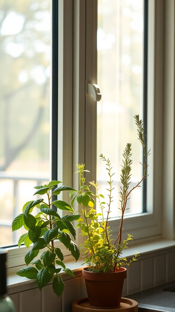 Fresh herbs in pots on a kitchen windowsill