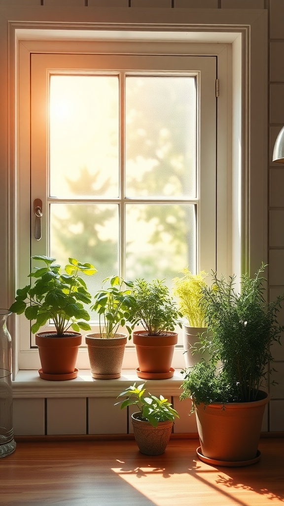A vintage farmhouse kitchen window with an herb garden on the sill, showcasing various potted herbs basking in the sunlight.