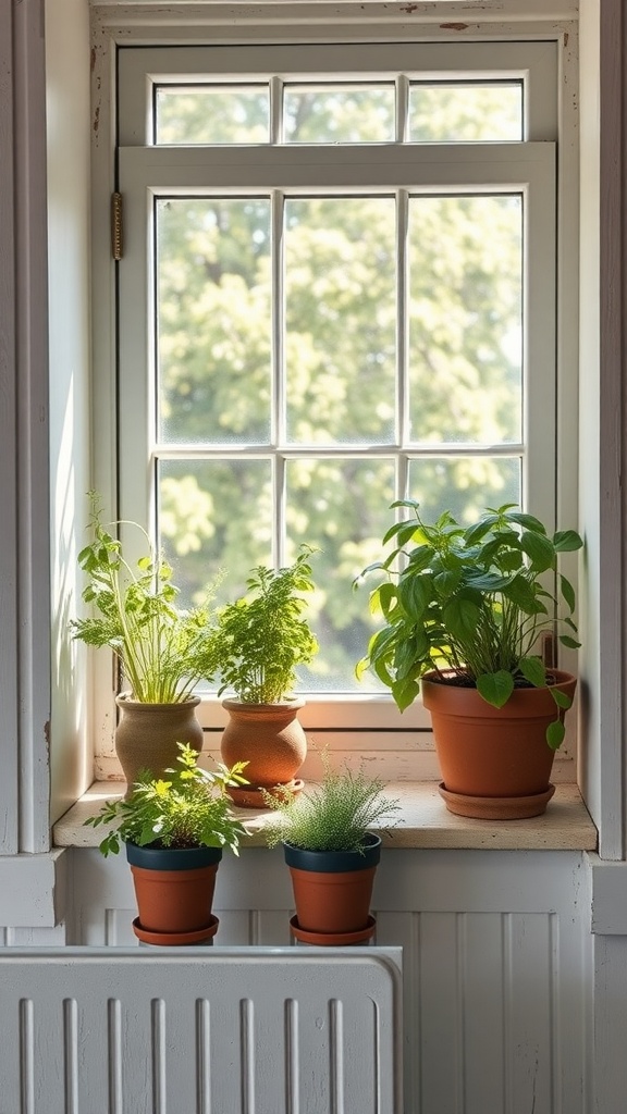 A bright and inviting windowsill filled with various pots of herbs, showcasing a mix of vibrant greenery.