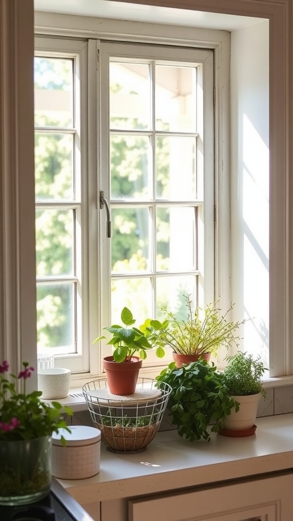 Herb garden on a kitchen window sill with various pots of herbs basking in sunlight