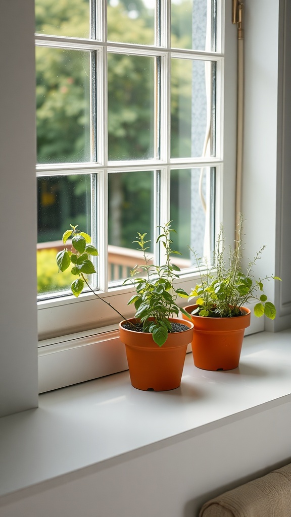 Herb plants in terracotta pots on a bright kitchen windowsill