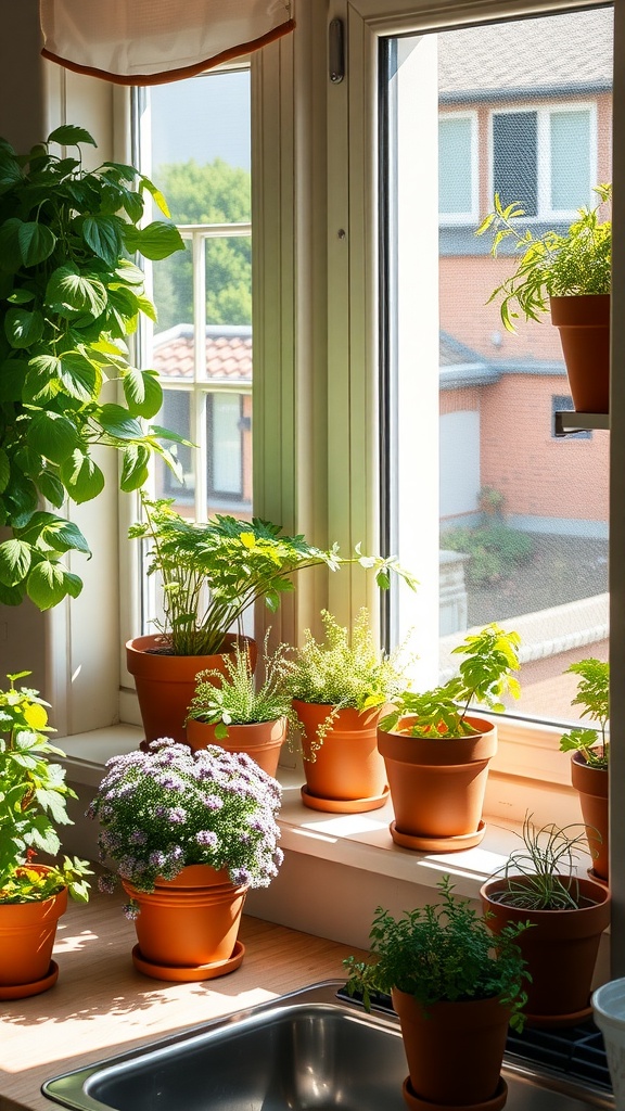 A sunny kitchen windowsill with various pots of herbs and plants.