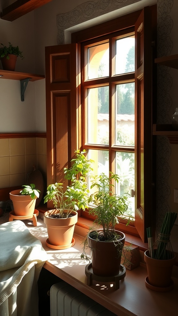 A sunny windowsill displaying various potted herbs in a rustic kitchen setting.