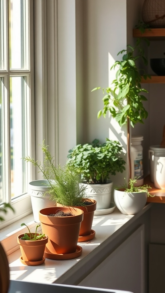 A bright windowsill with various herb plants in terracotta pots, showcasing a country farmhouse kitchen vibe.