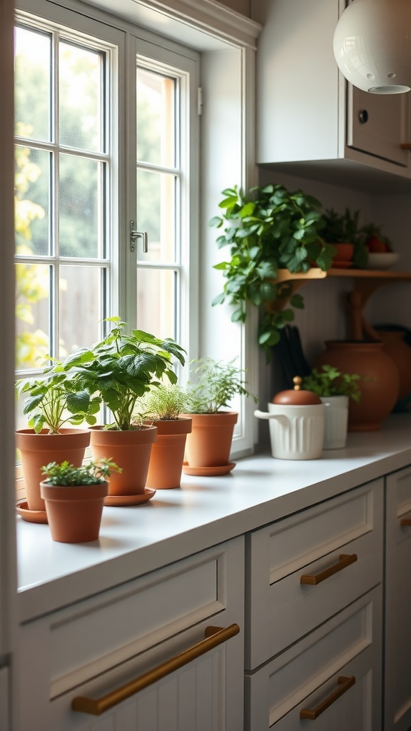 Small pots of herbs on a kitchen countertop by a window in a farmhouse kitchen