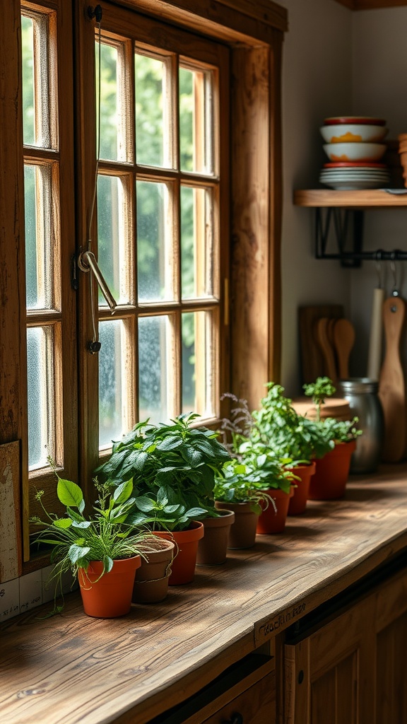 A rustic kitchen window with a row of potted herbs on the wooden countertop
