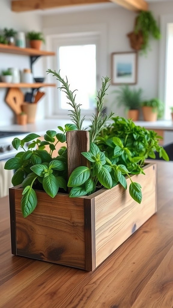 A wooden herb planter box with fresh basil and rosemary plants on a kitchen countertop.