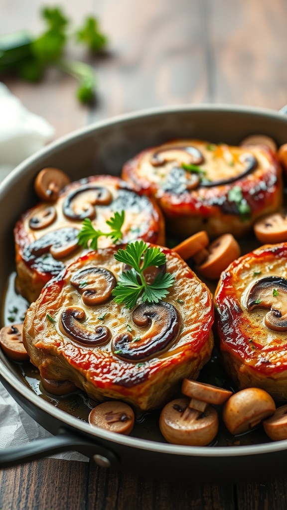 A skillet containing pork chops garnished with herbs and mushrooms.