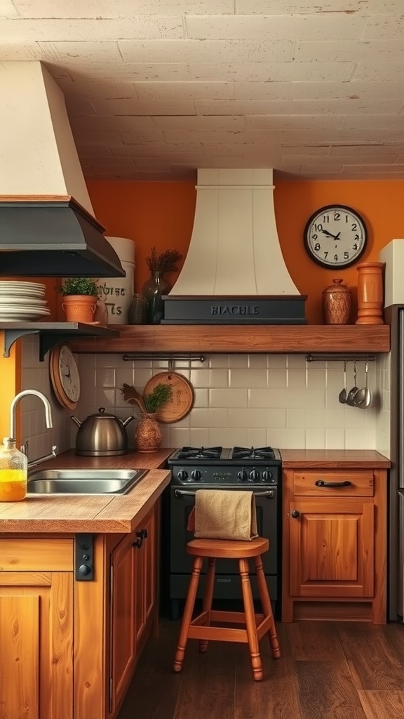 A rustic kitchen featuring warm orange walls, wooden cabinets, and vintage accents.