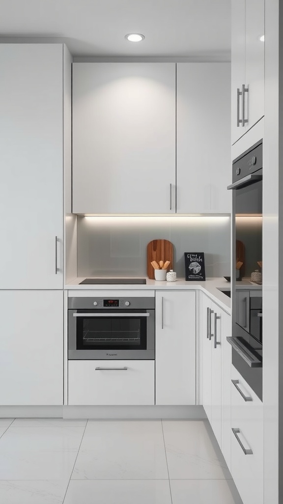 Modern small kitchen with hidden appliances in sleek cabinetry