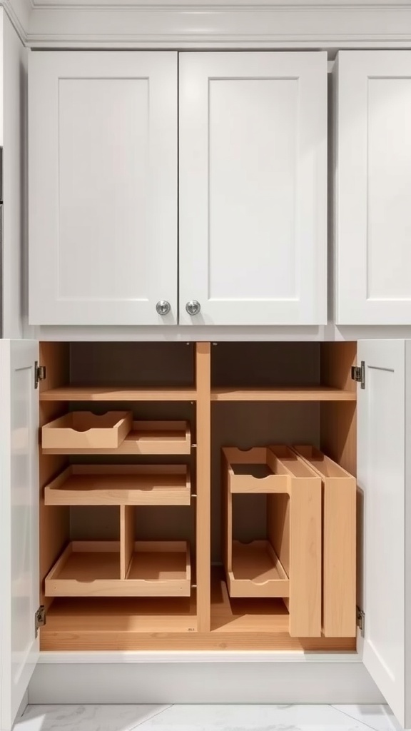 A white kitchen cabinet with organized hidden storage compartments and wooden trays.