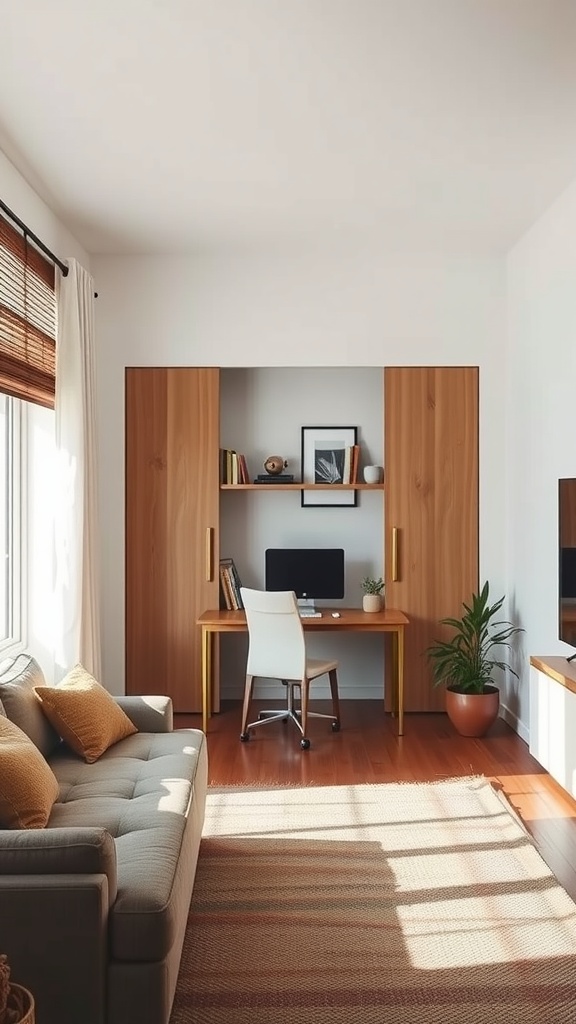 A small hidden office area in a living room with a desk, chair, and decorative elements.