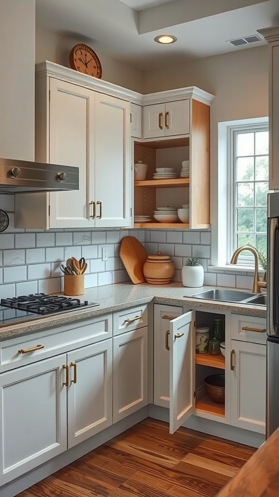 A modern small kitchen featuring hidden storage with cabinets and open shelves, focusing on maximizing space.