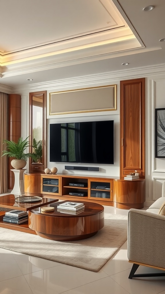 Luxury living room with a modern entertainment system and stylish wooden furniture