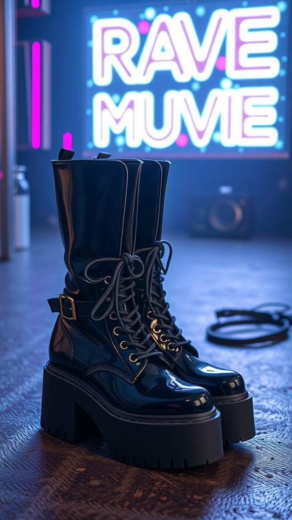 A pair of shiny black platform boots with a chunky sole, displayed in front of a colorful rave-themed backdrop.