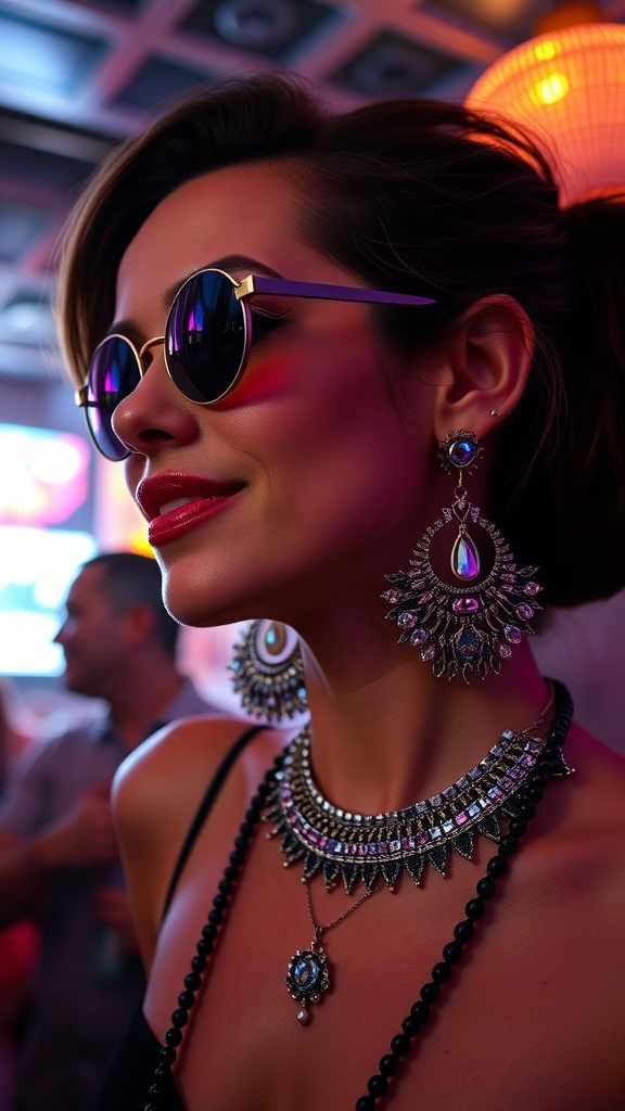 A stylish woman wearing oversized sunglasses and elaborate earrings, showcasing high-impact accessories for a club outfit.