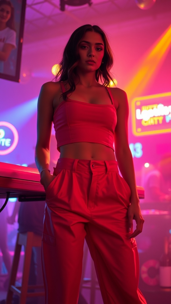 A woman in a pink crop top and high-waisted pants stands confidently in a colorful club setting.