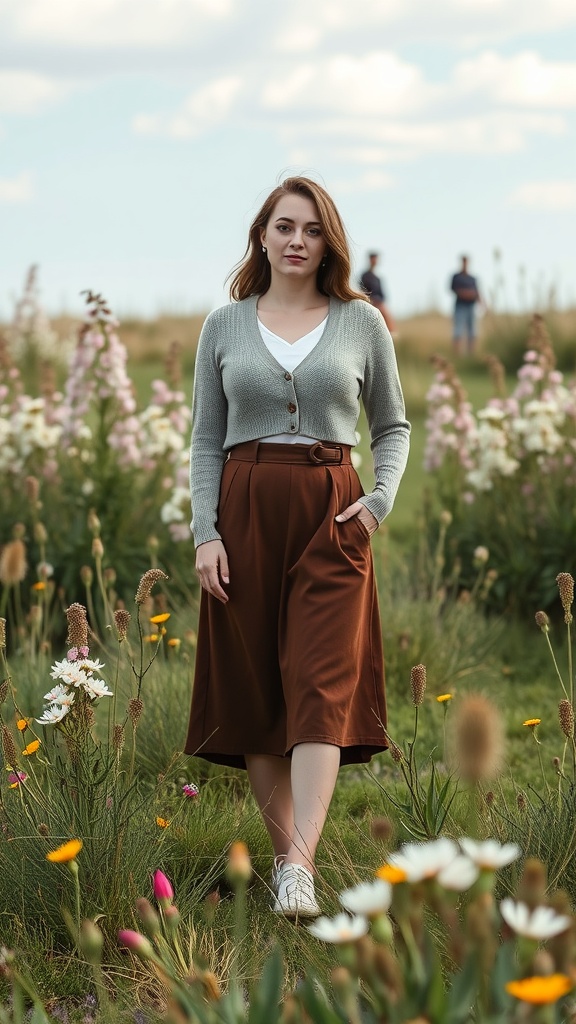 A woman wearing a gray cropped cardigan and a brown high-waisted skirt, standing in a flower field.