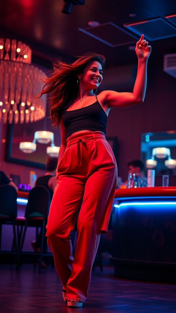 A woman dancing in a bar wearing high-waisted red trousers and a black crop top.