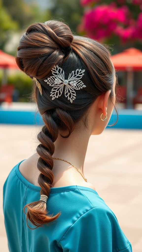 A sleek high gloss ponytail with a decorative butterfly hair accessory.