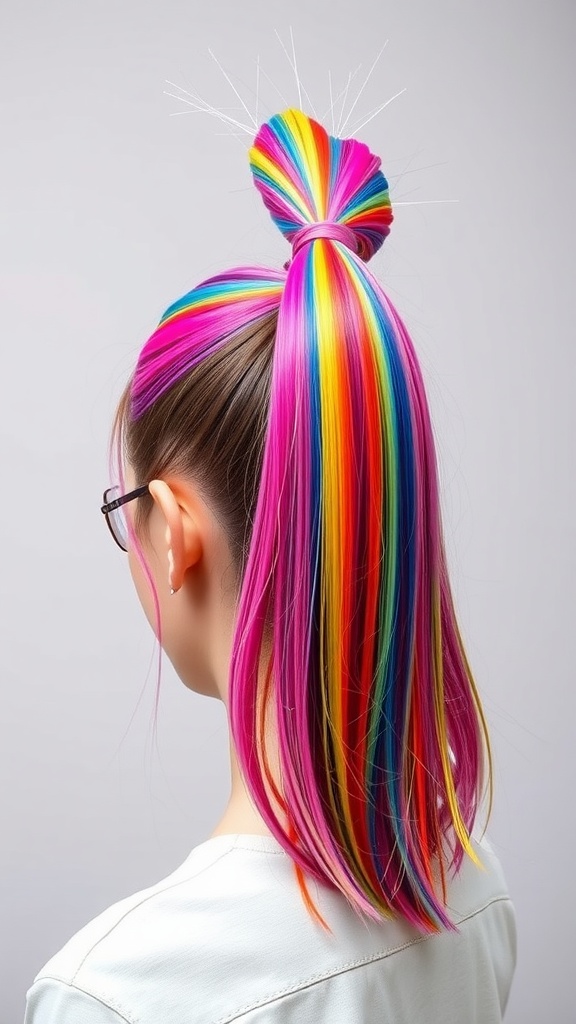 A high ponytail hairstyle with colorful hair extensions in shades of pink, yellow, and blue, styled in a top knot.