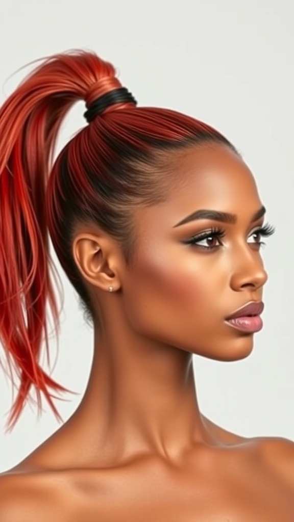 A close-up profile of a woman with a high sleek red ponytail, showcasing her smooth hair and stylish makeup.