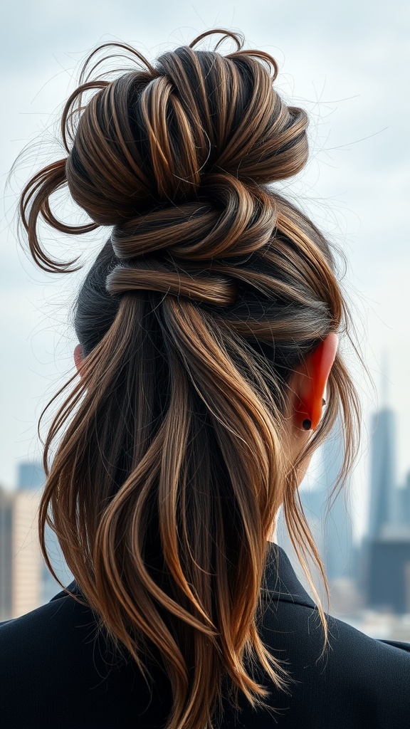 A high volume messy ponytail hairstyle with textured volume, showing loose strands and stylish twists