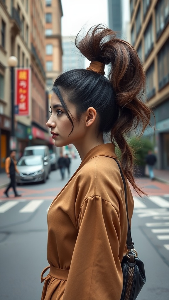 A woman with a high volume mid ponytail walking in a city street, wearing a chic brown outfit.