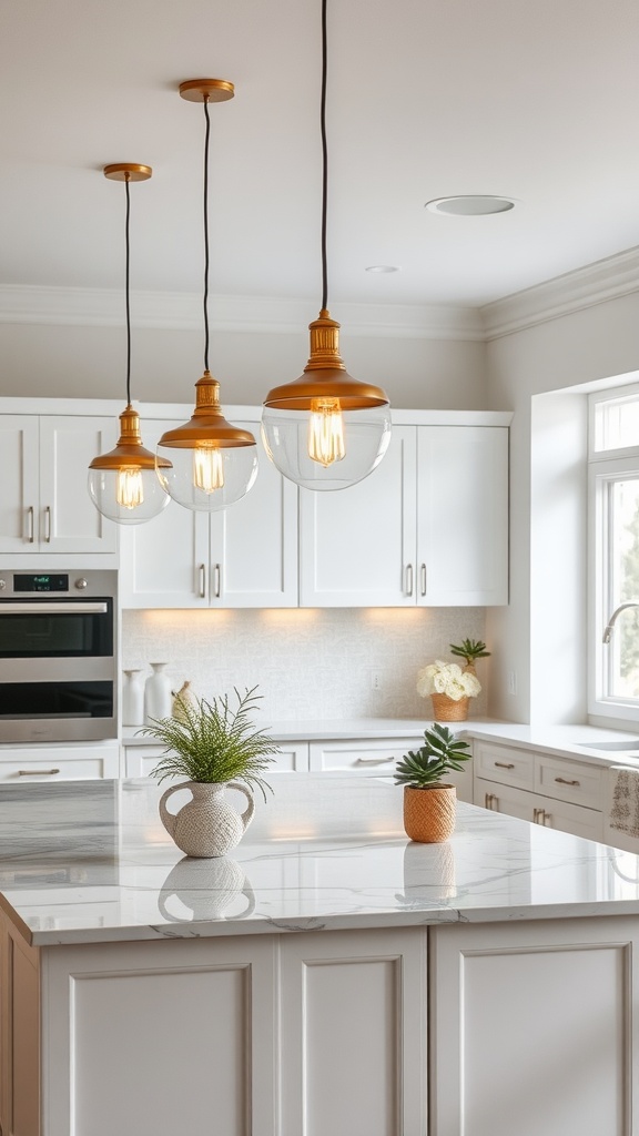 Three pendant lights hanging over a kitchen island with plants on the countertop