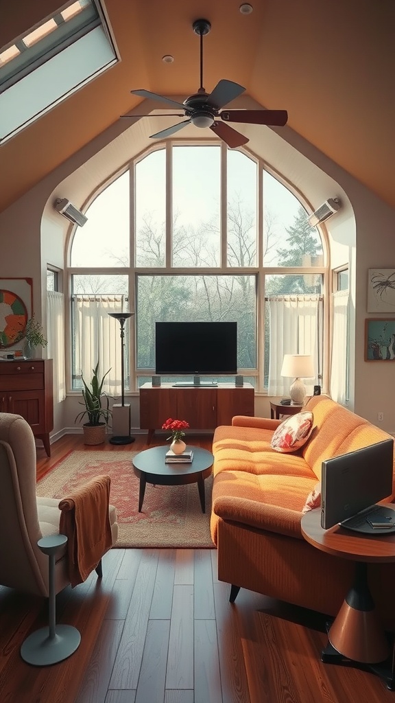 A modern sunken living room with large windows, bright decor, and a cozy seating area.