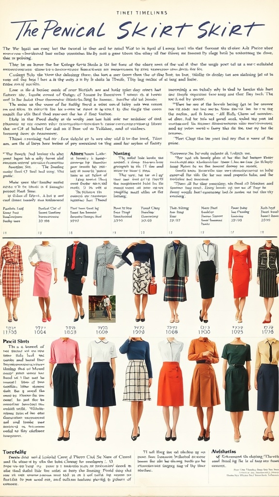 A timeline showcasing the evolution of the pencil skirt through various styles and decades.