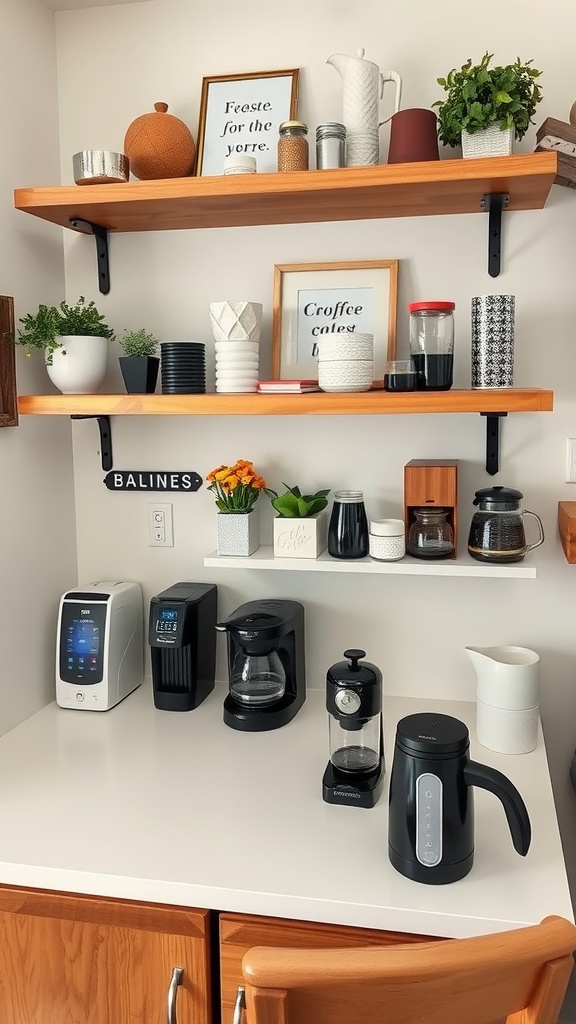 A stylish home coffee bar with DIY shelving showcasing coffee supplies and machines.