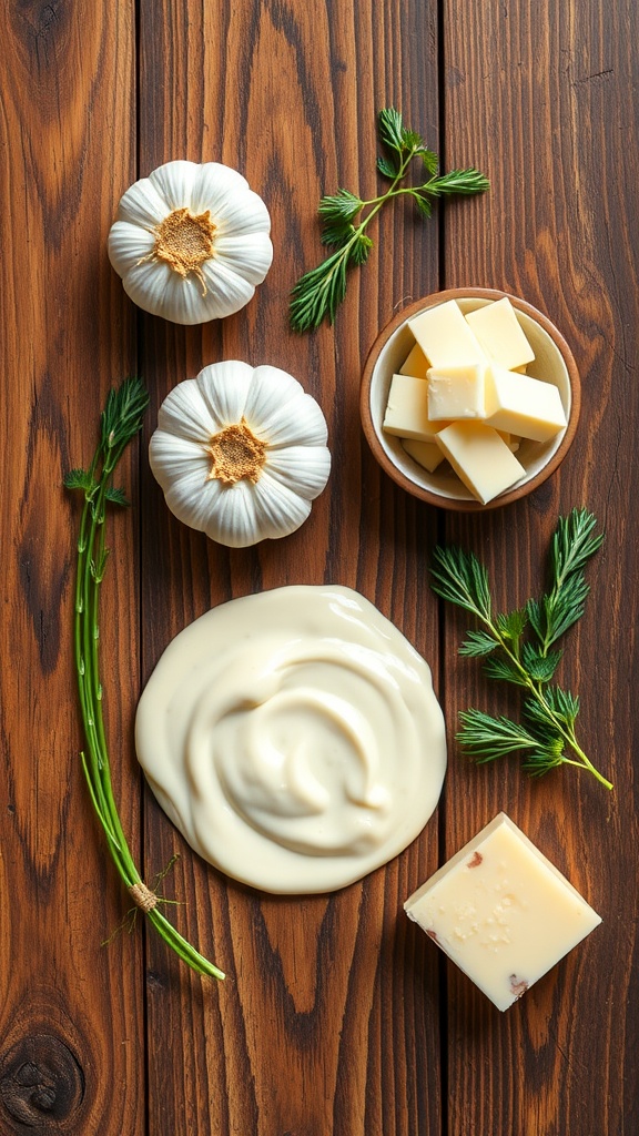 Homemade Alfredo sauce ingredients including garlic, butter, and cream.