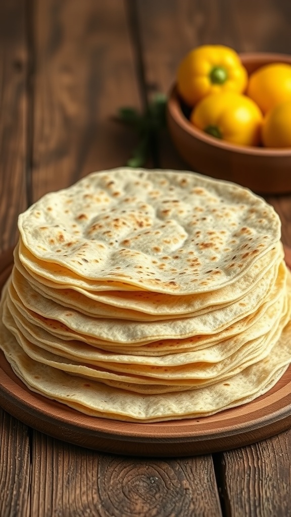 A stack of freshly made tortillas on a wooden table, ready for use in a Mexican pizza recipe.
