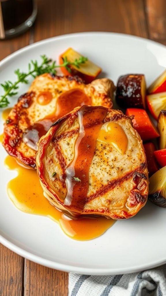 Delicious honey-mustard glazed pork chops served with colorful roasted vegetables.