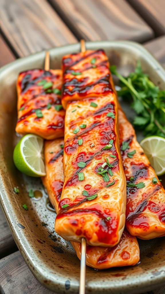 Delicious honey and lime salmon skewers served with lime wedges and garnished with green onions.