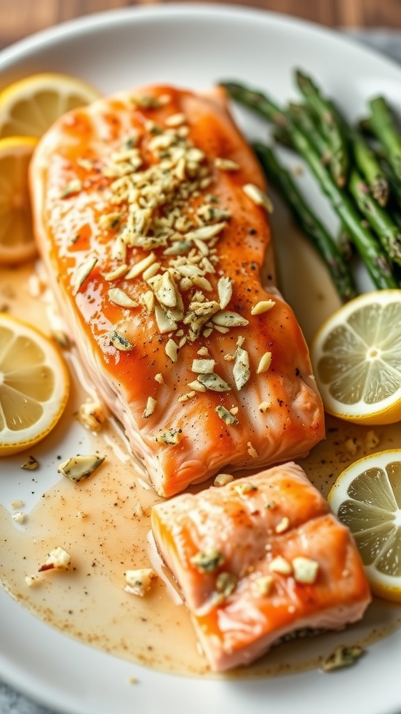 Baked salmon with honey butter and garlic served with lemon slices