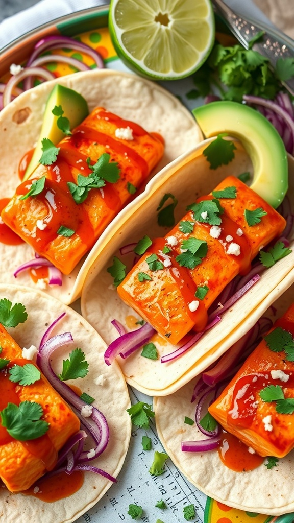 Honey chipotle salmon tacos with fresh toppings