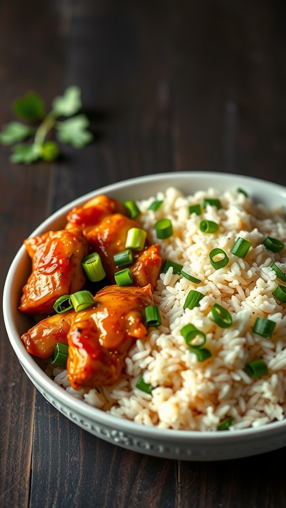 A bowl of honey garlic chicken served with cilantro rice and garnished with green onions.