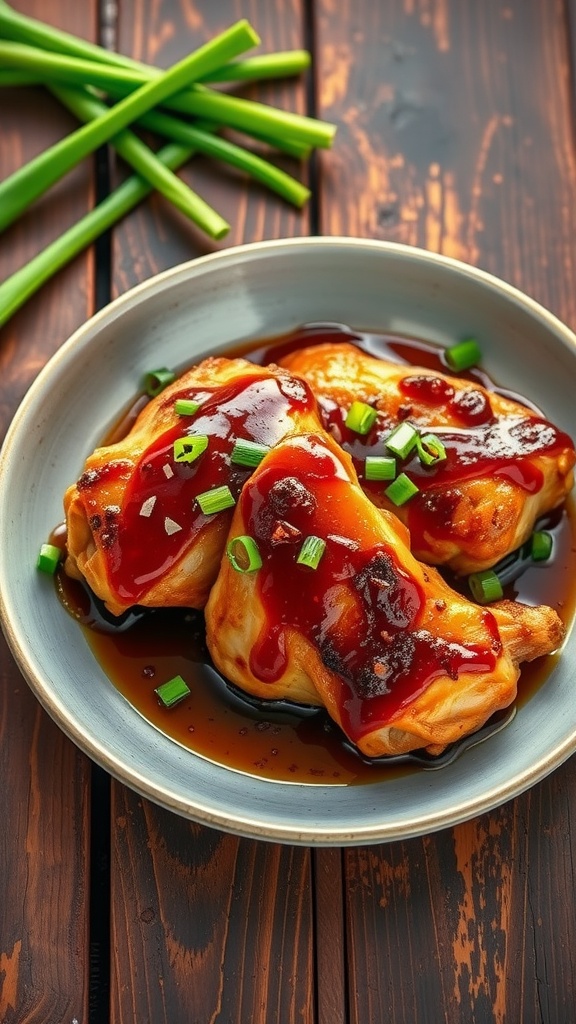 Honey garlic glazed chicken thighs served with green onions