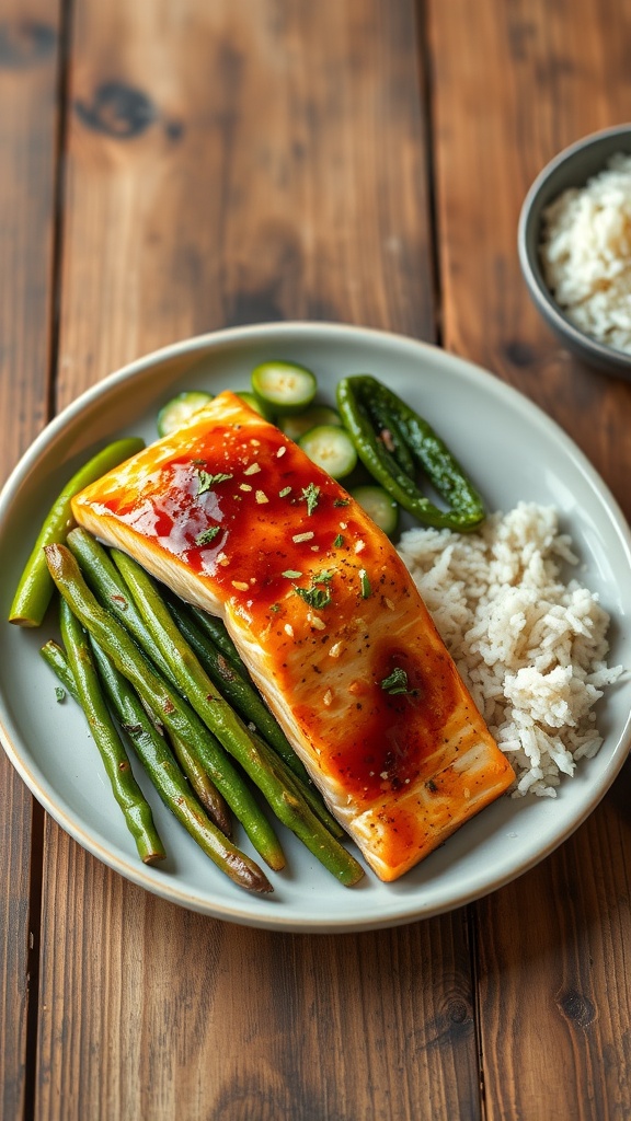A plate of honey garlic glazed salmon with green beans and rice