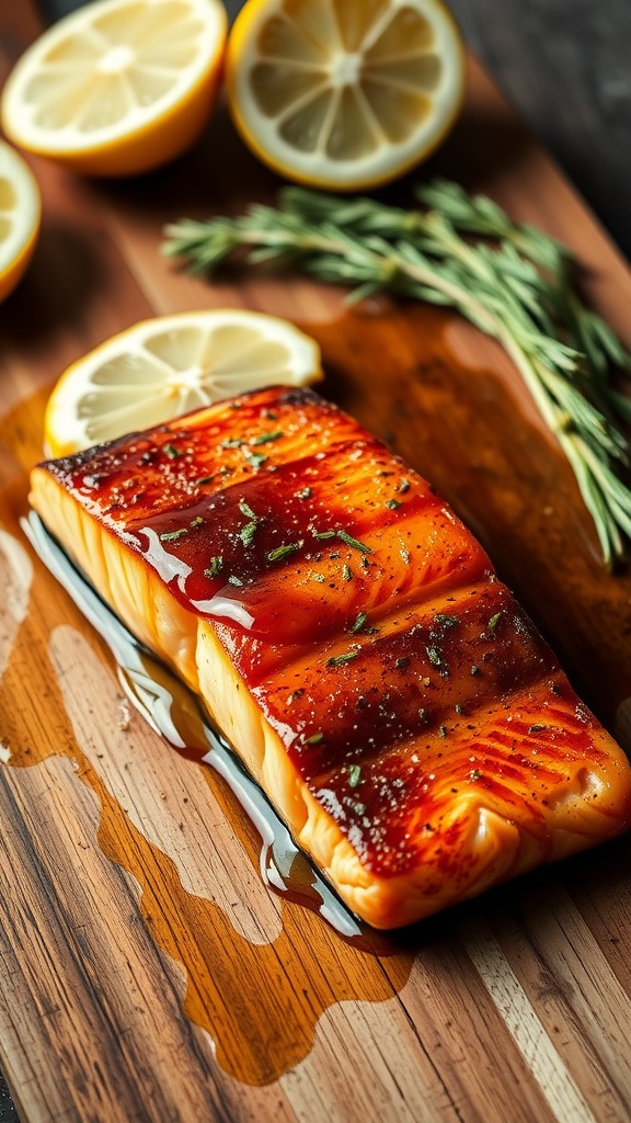 A beautifully glazed salmon fillet with honey and lemon, garnished with fresh herbs.