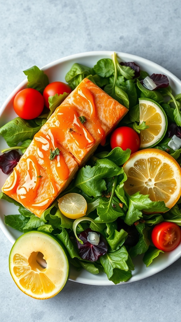 Honey Lemon Glazed Salmon Salad with greens and tomatoes