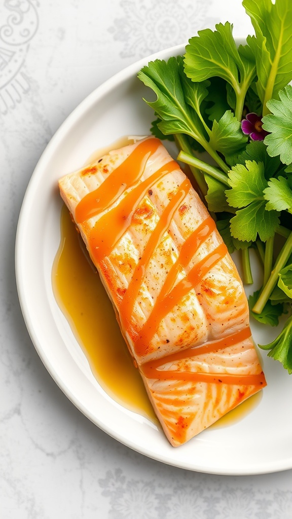 A cooked salmon fillet drizzled with honey mustard sauce, served with fresh greens.