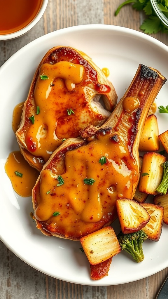 Honey mustard glazed boneless pork chops on a plate with vegetables.