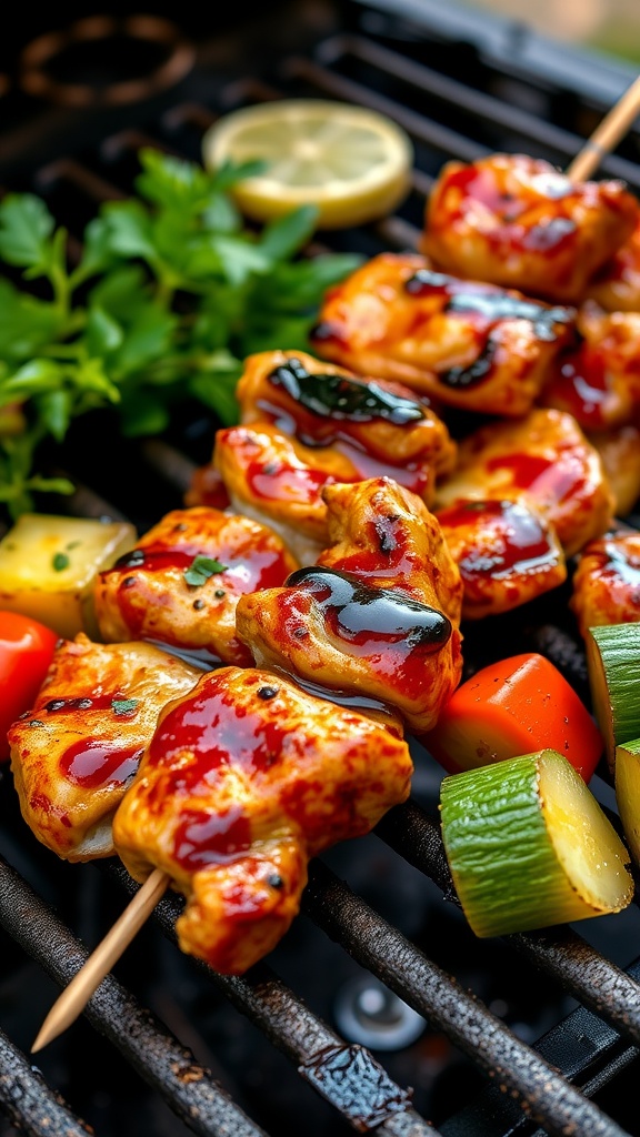Delicious chicken kabobs glazed with honey soy sauce, grilled with colorful vegetables.