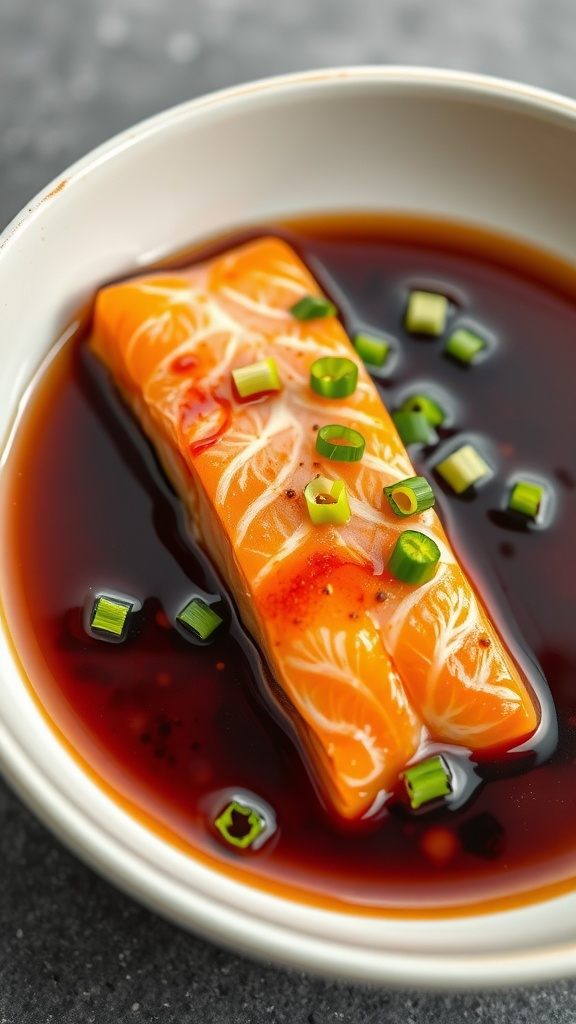 A dish of grilled salmon marinated in a honey soy marinade garnished with green onions.