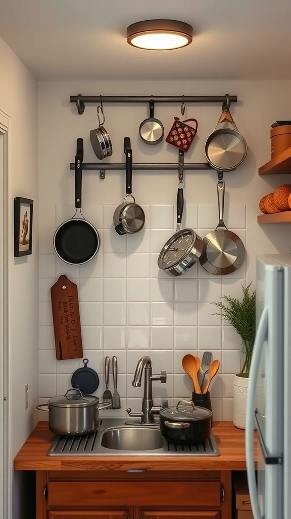 Organized small kitchen with pots and pans hanging on a rack above a sink.