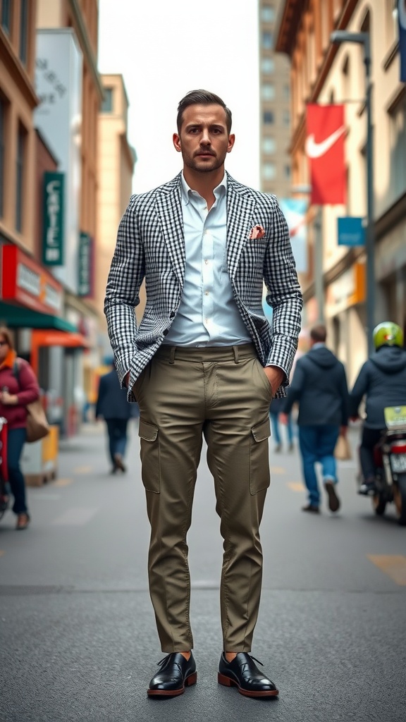 A man wearing a houndstooth jacket with solid khaki pants in a city setting.