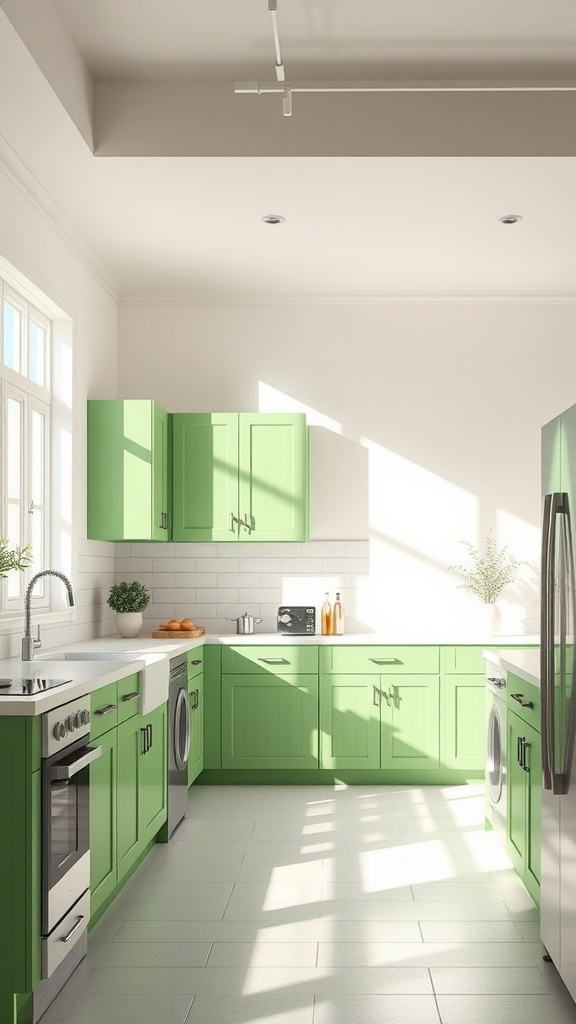 A bright kitchen featuring green cabinets and natural light